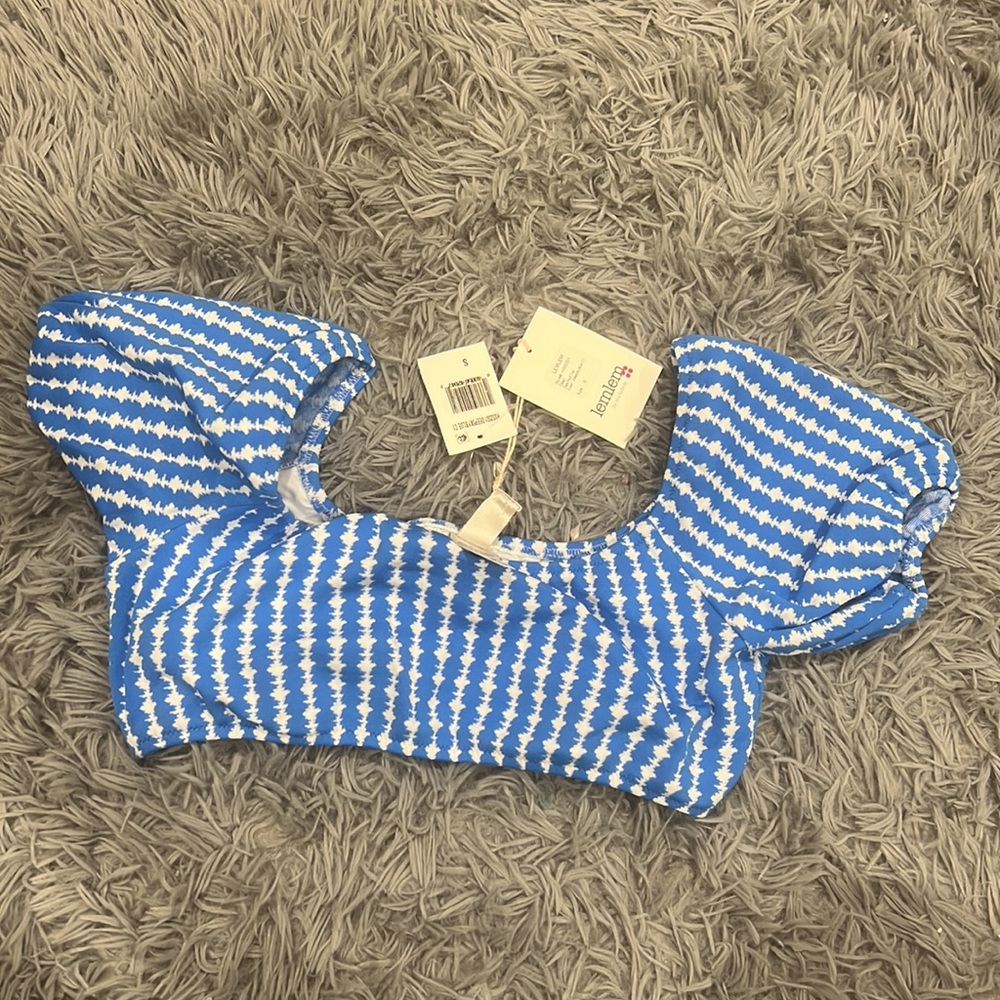 NEW • Lemlem • Zala Pouf Sleeve Swim Bikini Top Coastal Blue / White Small - Picture 2 of 4